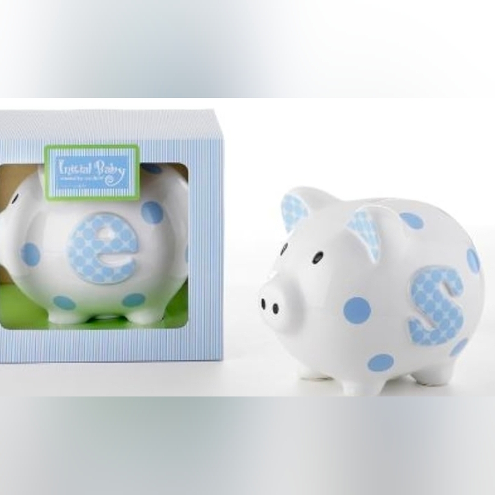 Mud Pie "S" Initial Baby Boy Blue Ceramic Polka Dot Piggy Bank